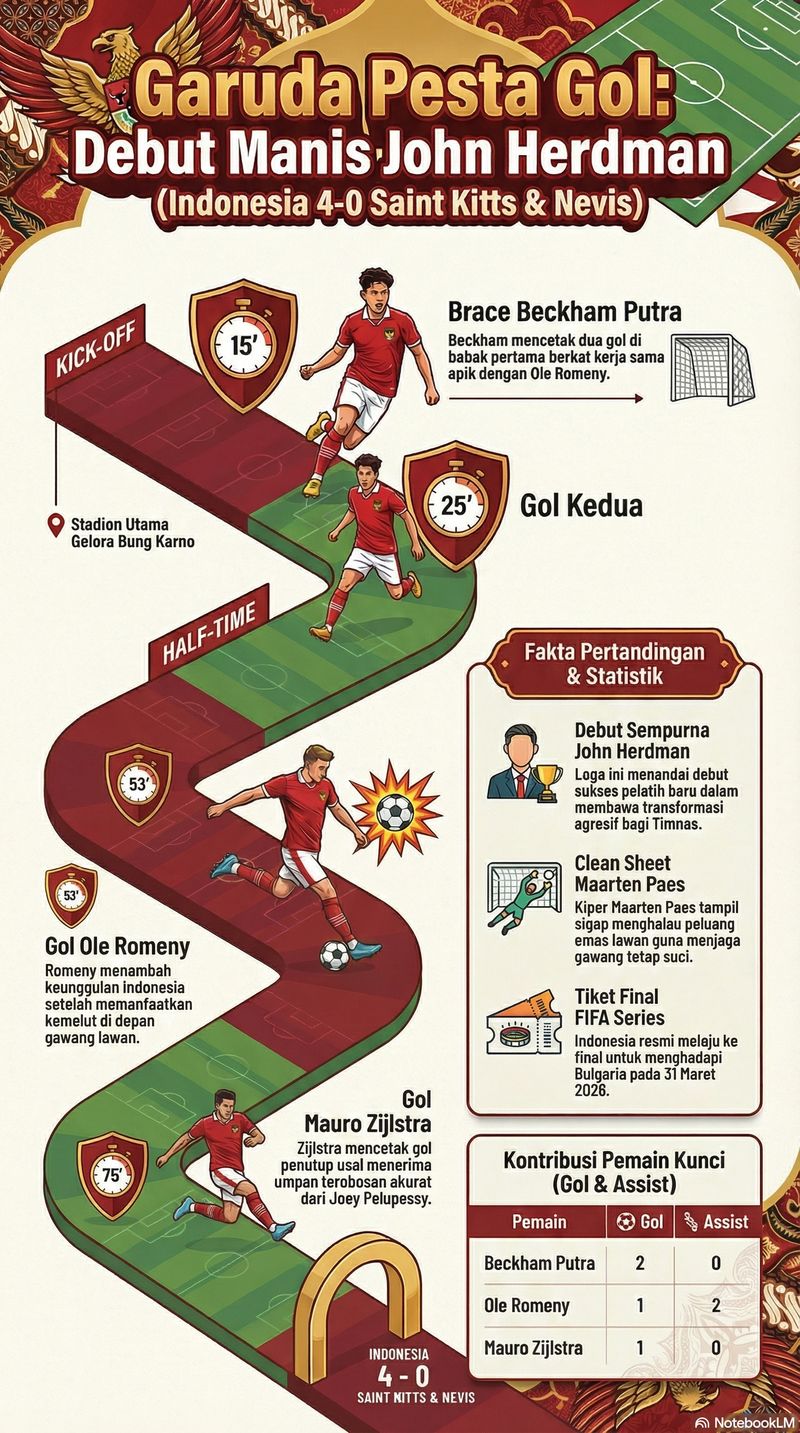 Infografis Timnas Indonesia Timnas Indonesia mengawali era kepelatihan John Herdman dengan gemilang setelah mencatatkan kemenangan telak 4-0 atas Saint Kitts & Nevis dalam laga FIFA Series.