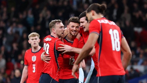 LONDON, ENGLAND - MARCH 27: Ben White of England celebrates with teammates Jarrod Bowen and Harry Maguire after scoring his teams first goal during the international friendly match between England and Uruguay at Wembley Stadium on March 27, 2026 in London, England. (Photo by Alex Davidson - The FA/The FA via Getty Images)