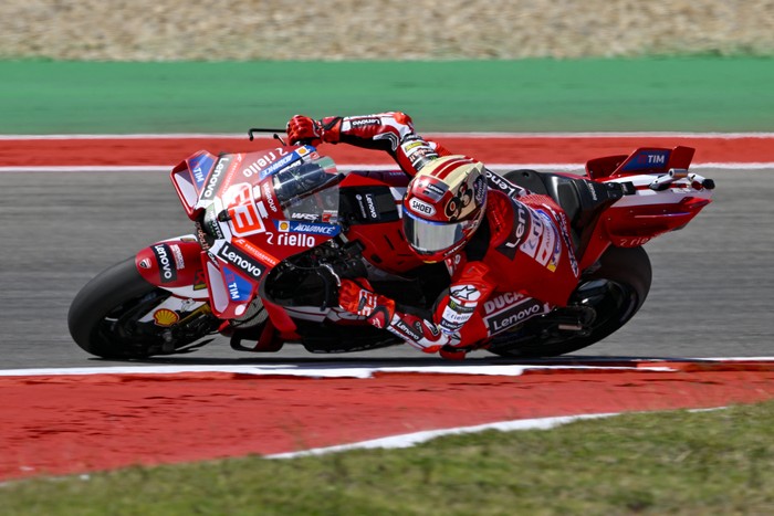 Mar 27, 2026; Austin, TX, USA; Ducati Team Marc Marquez (93) rides during practice for the 2026 MotoGP Red Bull Grand Prix of the Americas at Circuit of The Americas Austin. Mandatory Credit: Jerome Miron-Imagn Images