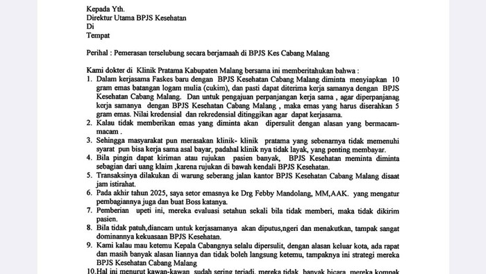 Isi surat aduan oleh Klinik Pratama Seluruh Malang kepada Direktur Utama BPJS Kesehatan