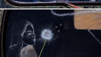 Retakan di kaca mobil berubah menjadi bunga Dandelion. Foto: Bored Panda