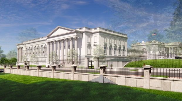 Desain Ballroom Gedung Putih Render desain ballroom Gedung Putih yang digarap Presiden AS, Donald Trump