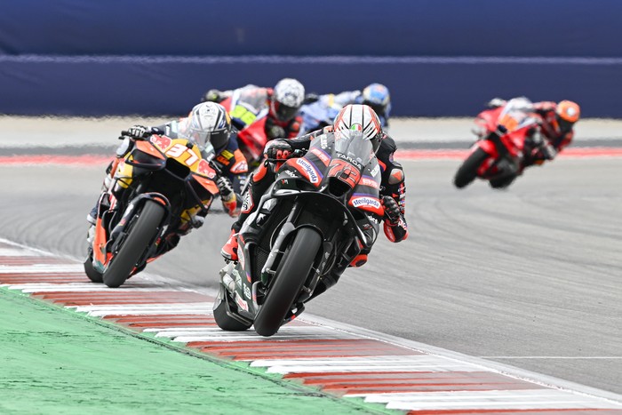 AUSTIN, TEXAS - MARCH 28: Marco Bezzecchi of Italy riding the Aprilia Racing bike (72) during the Sprint ahead of the MotoGP of  United States at Circuit of The Americas on March 28, 2026 in Austin, Texas. (Photo by Gold & Goose Photography/Getty Ima