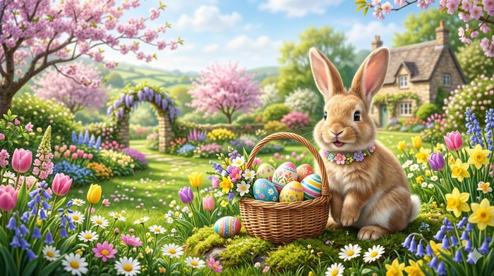 Ilustrasi kelinci dan telur dalam perayaan Paskah.