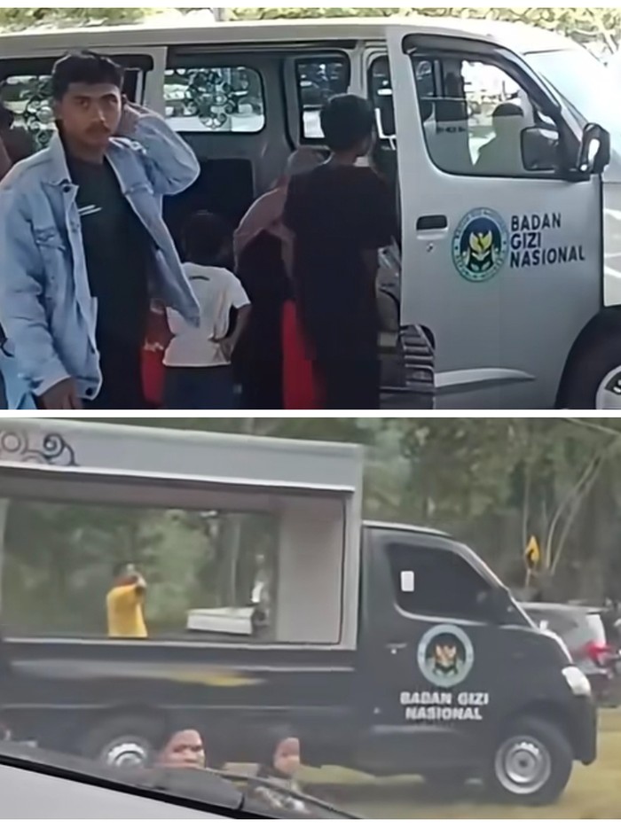 Penampakan mobil MBG dipakai jemput penumpang di Bandara Lombok (atas) dan dipakai berwisata di Pantai Malimbu Lombok Barat (bawah). (Tangkapan layar Instagram @media.lombok1).