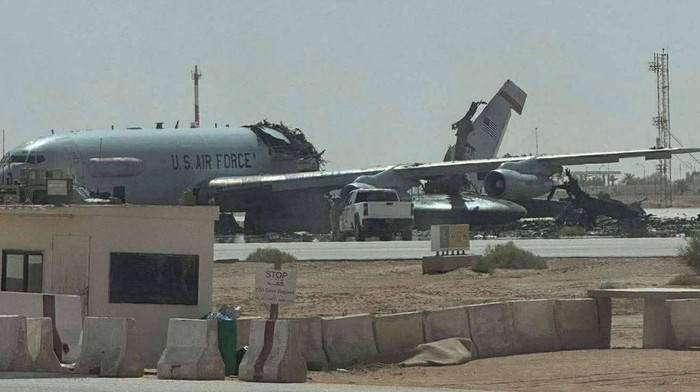 A damaged U.S. Boeing E-3 Sentry airborne warning and control aircraft following an Iranian strike on the airbase, amid the U.S.-Israeli conflict with Iran, at Prince Sultan Air Base in Saudi Arabia  in this picture obtained from social media released on March 29, 2026. SOCIAL MEDIA/via REUTERS  THIS IMAGE HAS BEEN SUPPLIED BY A THIRD PARTY. NO RESALES. NO ARCHIVES. BEST QUALITY AVAILABLE.  VERIFICATION: Reuters was able to confirm the location by the runway layout, buildings, utility towers and terrain seen in the photographs which matched satellite imagery of the area. The plane design and markings matched file imagery of E-3 AWACS aircraft. A U.S. official confirmed to Reuters that an E3 was damaged in a strike on the airbase on March 27. Same model aircraft is seen undamaged in the same position on the tarmac in satellite imagery from March 11. Satellite imagery from March 29 shows what appears to be a blackened section of the tarmac in the same position where the damaged plane is visible in the photographs. Exact date when the photographs were taken could not be verified but no older versions of the photographs were found posted online before March 29.     TPX IMAGES OF THE DAY