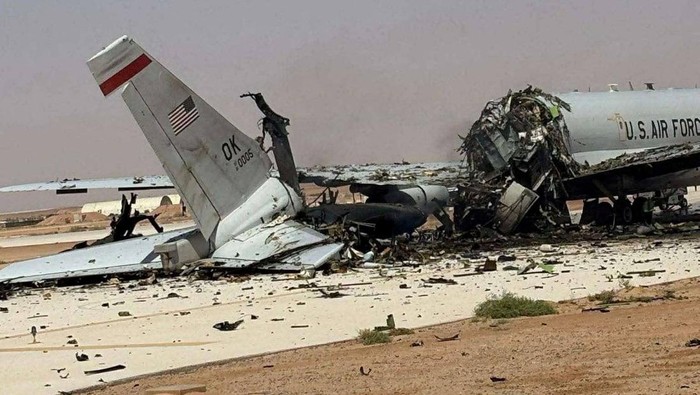 A damaged U.S. Boeing E-3 Sentry airborne warning and control aircraft following an Iranian strike on the airbase, amid the U.S.-Israeli conflict with Iran, at Prince Sultan Air Base in Saudi Arabia  in this picture obtained from social media released on March 29, 2026. SOCIAL MEDIA/via REUTERS  THIS IMAGE HAS BEEN SUPPLIED BY A THIRD PARTY. NO RESALES. NO ARCHIVES. BEST QUALITY AVAILABLE.  VERIFICATION: Reuters was able to confirm the location by the runway layout, buildings, utility towers and terrain seen in the photographs which matched satellite imagery of the area. The plane design and markings matched file imagery of E-3 AWACS aircraft. A U.S. official confirmed to Reuters that an E3 was damaged in a strike on the airbase on March 27. Same model aircraft is seen undamaged in the same position on the tarmac in satellite imagery from March 11. Satellite imagery from March 29 shows what appears to be a blackened section of the tarmac in the same position where the damaged plane is visible in the photographs. Exact date when the photographs were taken could not be verified but no older versions of the photographs were found posted online before March 29.     TPX IMAGES OF THE DAY