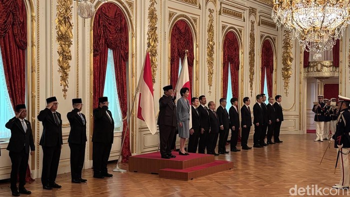 Presiden Prabowo disambut upacara kenegaraan di Istana Akasaka saat bertemu dengan PM Jepang Sanae Takaichi. (Firda/detikcom)