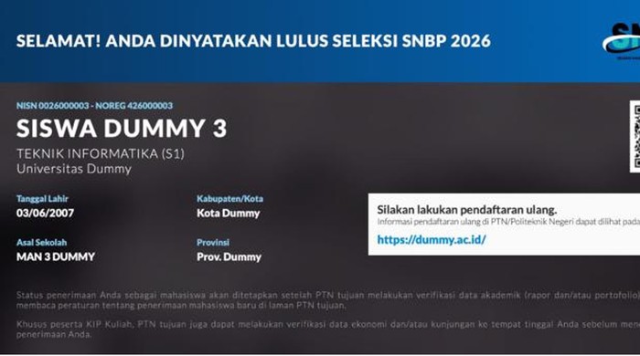 Tampilan pengumuman SNBP 2026 bagi peserta yang lulus seleksi.