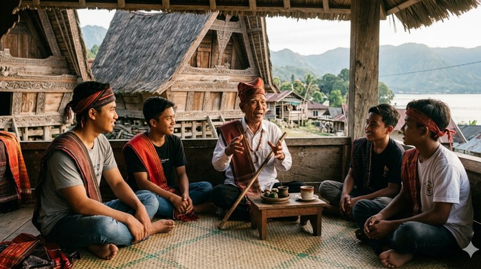 Ilustrasi Gemini ai tentang tradisi lisan di batak (Foto: Gemini AI)