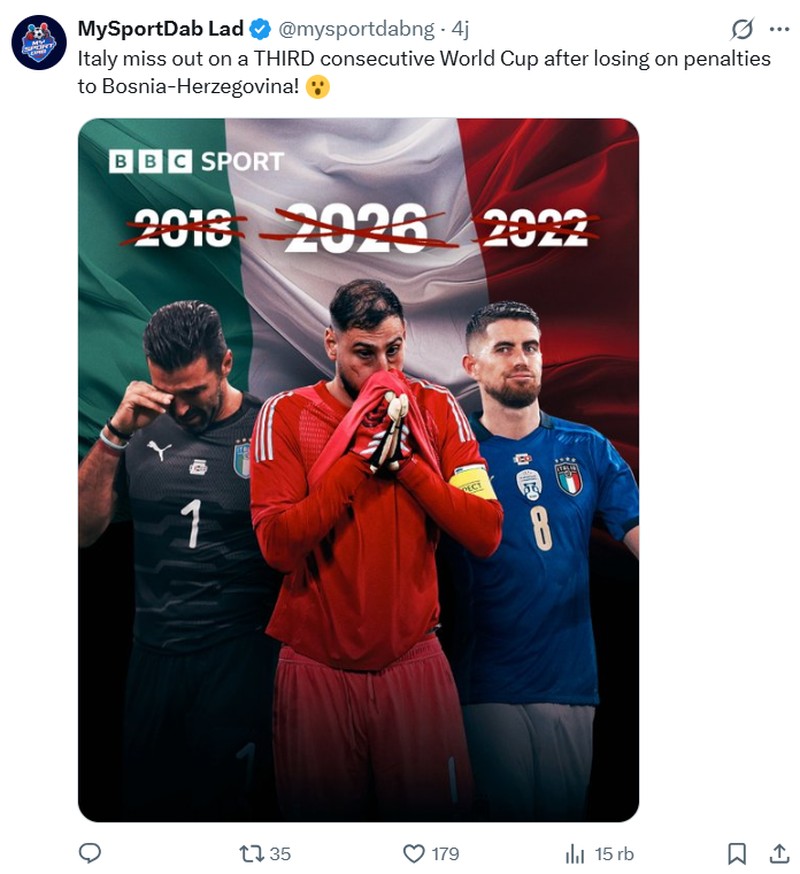 Italia gagal lolos ke Piala Dunia 2026 usai dikalahkan Bosnia and Herzegovina di Kualifikasi zona Eropa. Ini kali ketiga negeri sepakbola itu gagal ke turnamen paling tinggi hingga jadi bahan meme netizen.