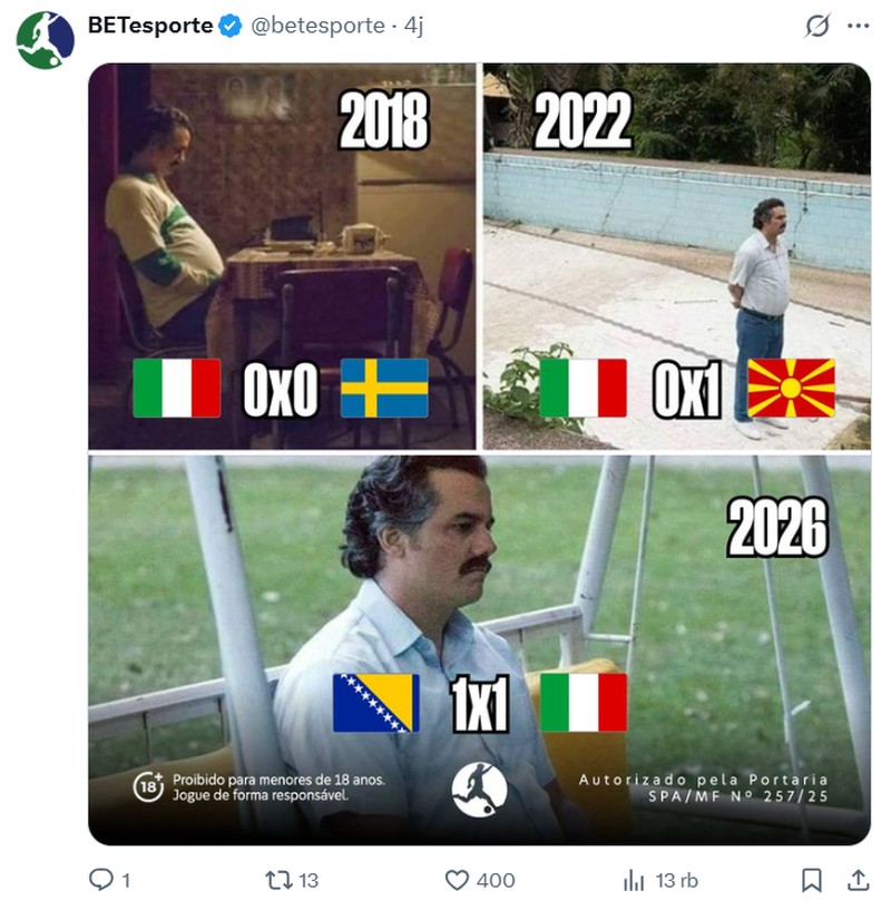 Italia gagal lolos ke Piala Dunia 2026 usai dikalahkan Bosnia and Herzegovina di Kualifikasi zona Eropa. Ini kali ketiga negeri sepakbola itu gagal ke turnamen paling tinggi hingga jadi bahan meme netizen.