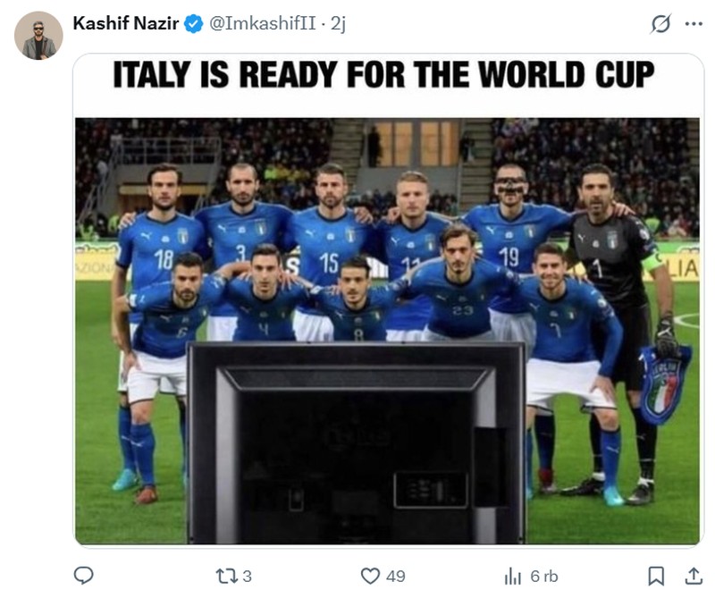 Italia gagal lolos ke Piala Dunia 2026 usai dikalahkan Bosnia and Herzegovina di Kualifikasi zona Eropa. Ini kali ketiga negeri sepakbola itu gagal ke turnamen paling tinggi hingga jadi bahan meme netizen.