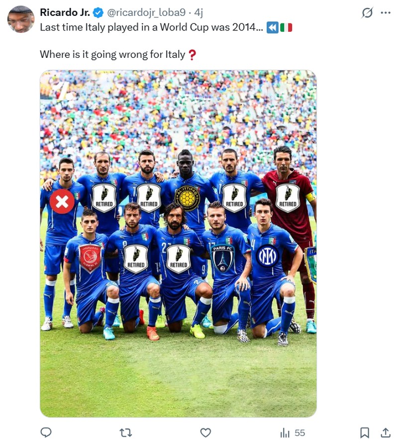 Italia gagal lolos ke Piala Dunia 2026 usai dikalahkan Bosnia and Herzegovina di Kualifikasi zona Eropa. Ini kali ketiga negeri sepakbola itu gagal ke turnamen paling tinggi hingga jadi bahan meme netizen.