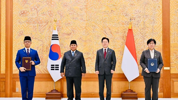Prabowo saksikan pertukaran MoU Indonesia-Korea Selatan, di Istana Kepresidenan Republik Korea, Cheong Wa Dae (Blue House), Rabu (1/4/2026).
