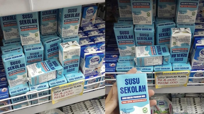 susu sekolah program MBG ramai dijual di minimarket. netizen menyoroti label tidak untuk diperjualbelikan