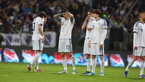 ZENICA, BOSNIA AND HERZEGOVINA - MARCH 31:  Players of Italy reacts at the end of the FIFA World Cup 2026 European Qualifiers KO play-offs  match between Bosnia & Herzegovina and Italy at Stadion Bilino Polje on March 31, 2026 in Zenica, Bosnia and Herzegovina. (Photo by Claudio Villa - FIGC/FIGC via Getty Images)