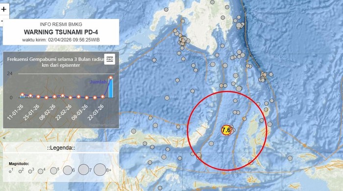 Peta gempa megathrust 7,6 M di wilayah Bitung, Sulawesi Utara.