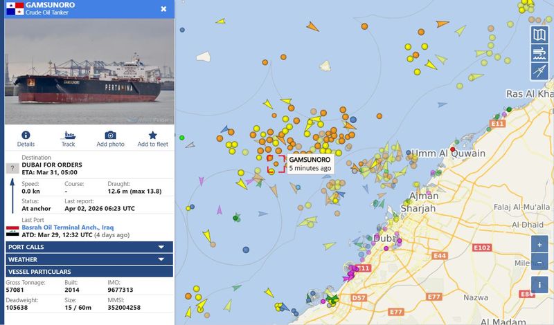 Kapal Gamsunoro milik Pertamina saat ini berada di barat daya Dubai, UEA