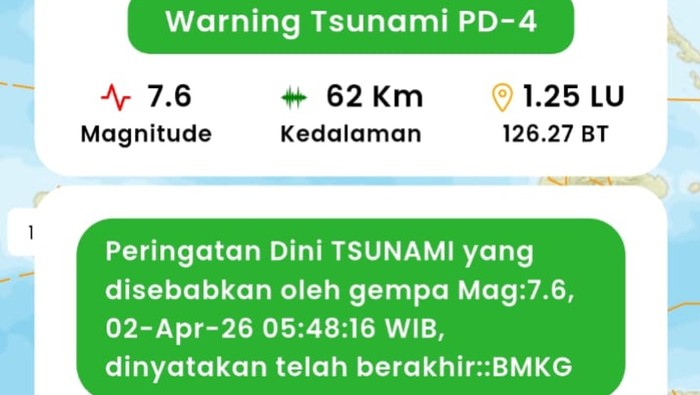 Peringatan tsunami akibat gempa M 7,6 di Bitung berakhir.