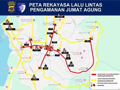 Peta rekayasa lalu lintas pengamanan Jumat Agung di Labuan Bajo, Manggarai Barat, NTT, pada Jumat (3/4/2026). (Foto: Dok. Humas Polres Manggarai Barat)