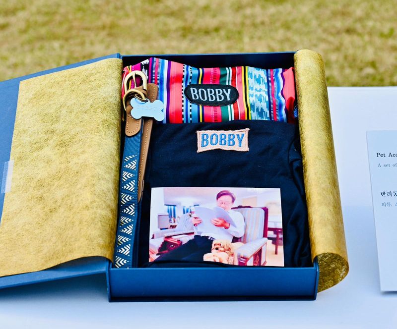 Presiden Prabowo Subianto memberikan hadiah baju untuk anjing peliharaan Presiden Korsel Lee Jae Myung di Seoul, Rabu (1/4/2026).