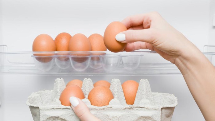 Womans hand putting an eggs in the fridge shelf in the kitchen. Housewife cares about provision healthy food at home.