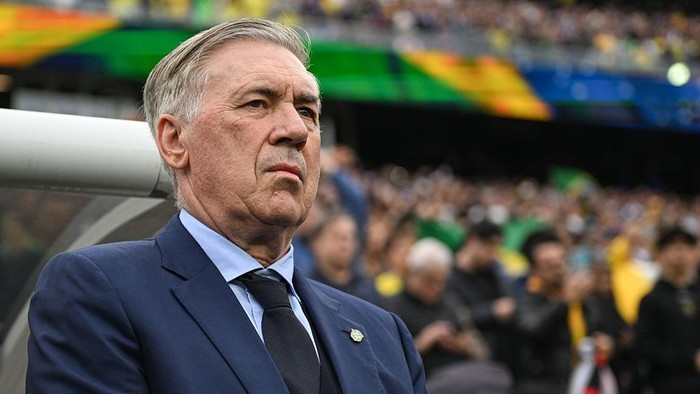 FOXBOROUGH, MASSACHUSETTS - MARCH 26: Carlo Ancelotti of Brazil stands for the national anthem before the game between France and Brazil at Gillette Stadium on March 26, 2026 in Foxborough, Massachusetts. (Photo by Stephen Nadler/ISI Photos/ISI Photos via Getty Images)