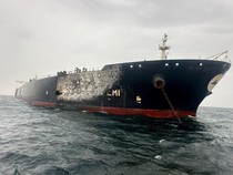 Penampakan Kapal Tanker Terbakar-Rusak Parah Usai Dibom Iran