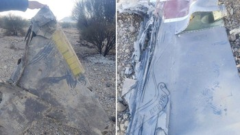 Media pemerintah Iran merilis gambar sirip ekor dan puing lainnya disertai klaim awal bahwa sebuah F-35 AS terkena sistem pertahanan udara baru di wilayah tengah Iran dan pilotnya kemungkinan tewas. Pakar penerbangan mengatakan puing itu sebenarnya berasal dari F-15E, dari skadron ke-494 AU AS yang berbasis di RAF Lakenheath di Inggris. Foto: Guardian