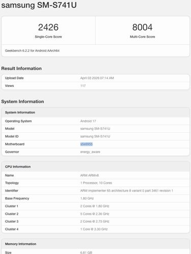 Samsung Galaxy S26 FE di database Geekbench Samsung Galaxy S26 FE di database Geekbench