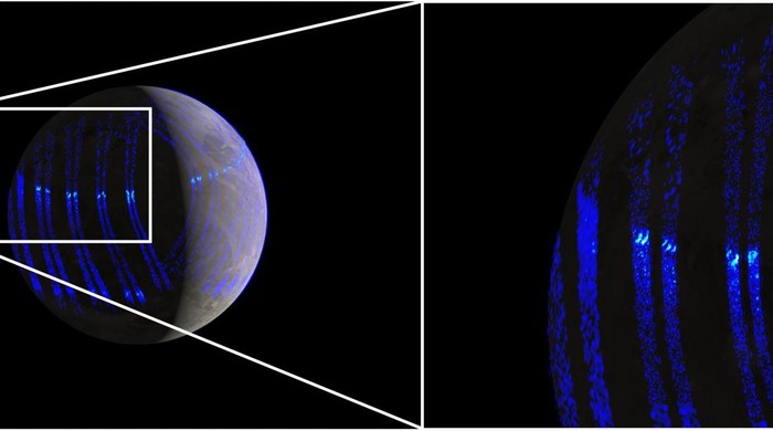 Visual artistik dari aurora UV pada Ganymede berdasarkan pengamatan close up dengan pesawat Juno pada 7 July 2021 lalu.