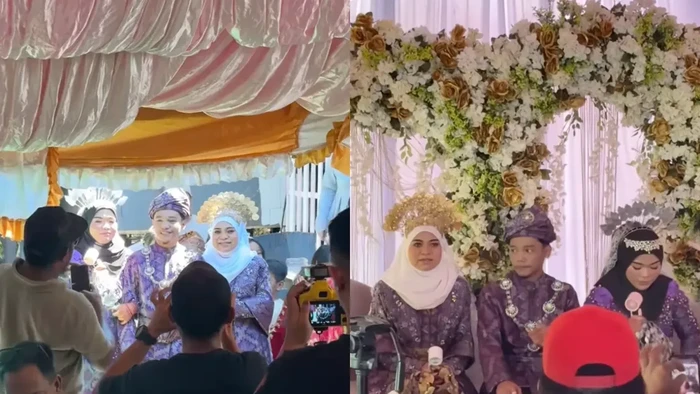 Beredar video suasana pernikahan yang mendadak jadi sorotan, pasalnya ada dua pengantin wanita dan satu pengantin pria di atas pelaminan