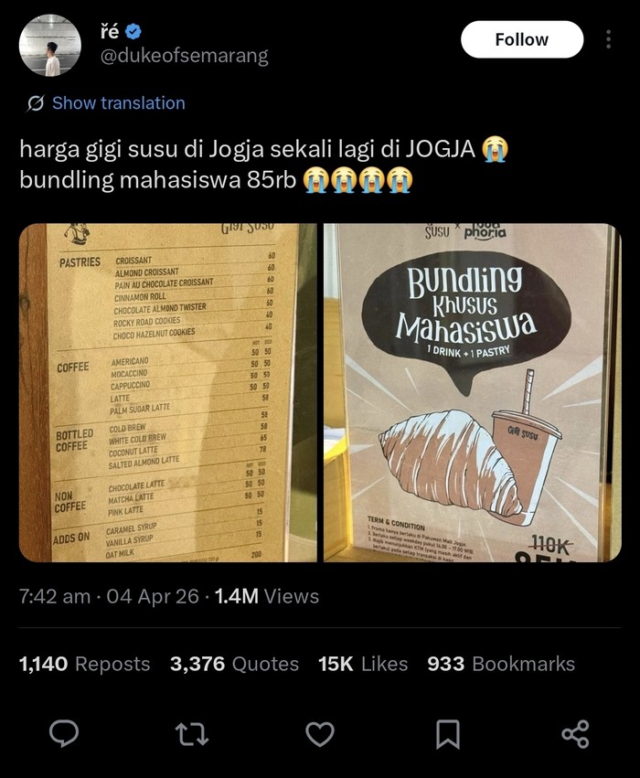 Kafe Viral Bali Hadir di Jogja, Netizen Salfok Harga Croissant Rp 60 Ribu