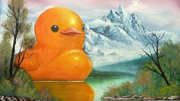Lukisan ini unik, menaruh seekor bebek sebesar gunung di danau dalam lukisan Bob Ross Paint-A-Long. Foto: BoredPanda