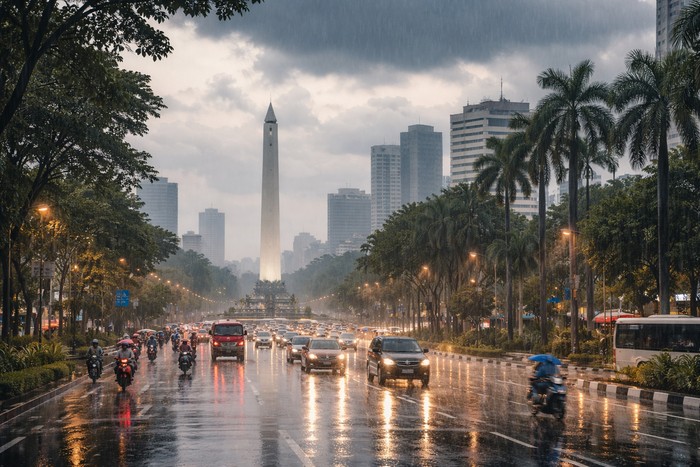 Ilustrasi cuaca Surabaya hujan ringan.