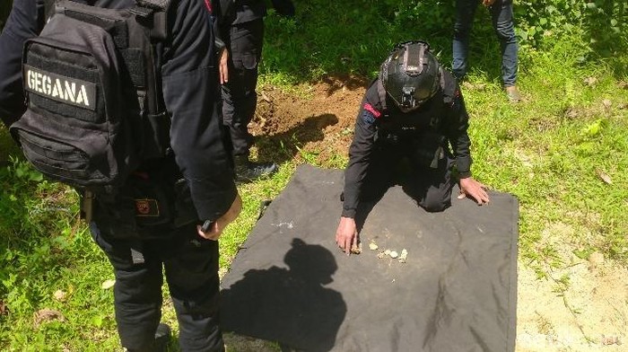 Jibom Brimob Polda Sulsel musnahkan granat nanas yang ditemukan di Palopo.