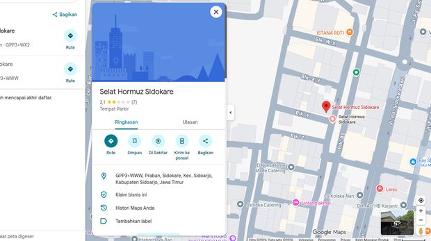 Lokasi 'Selat Hormuz Sidokare' sudah ditambahkan di Google Maps. Lokasi 'Selat Hormuz Sidokare' sudah ditambahkan di Google Maps.