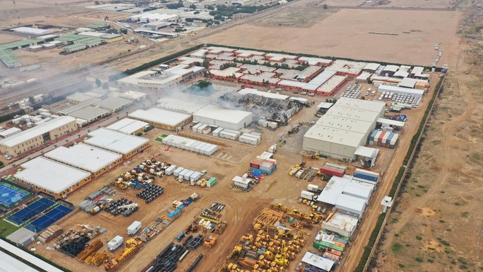 A drone view shows damage at storage facilities belonging to foreign oil companies, after what security sources said was a drone strike west of Basra, Iraq, April 4, 2026. REUTERS/Essam al-Sudani     TPX IMAGES OF THE DAY