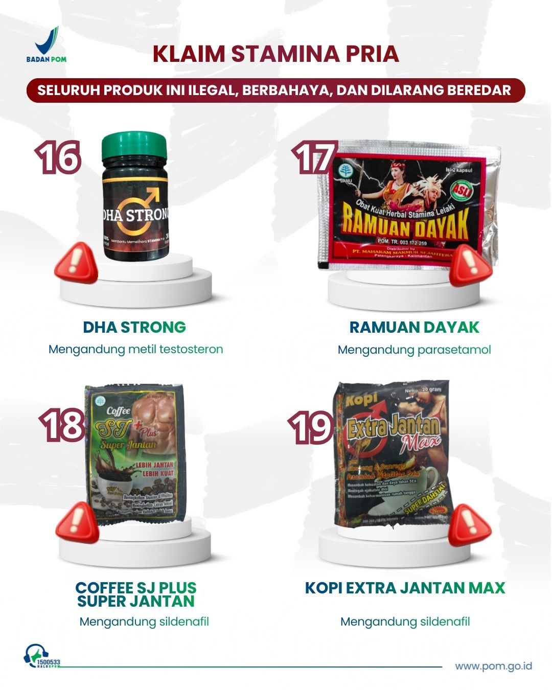 BPOM menemukan 24 obat bahan alam yang ilegal dan berbahaya karena dicampurkan bahan kimia obat, seperti sildenafil dan parasetamol. (instagram/bpom_ri)