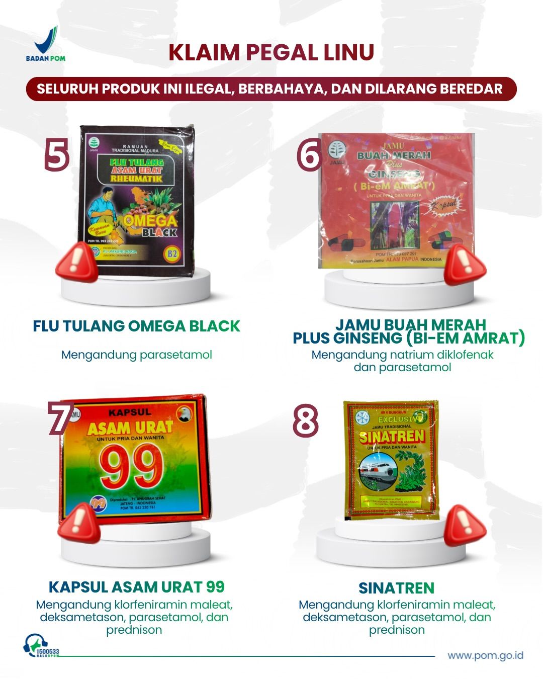BPOM menemukan 24 obat bahan alam yang ilegal dan berbahaya karena dicampurkan bahan kimia obat, seperti sildenafil dan parasetamol. (instagram/bpom_ri)