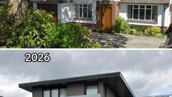 Hunian tradisional bernuansa hangat (2012) berubah menjadi bangunan modern kotak pada 2026. Banyak netizen menilai tampilannya jadi terasa “dingin”. Foto: Boredpanda