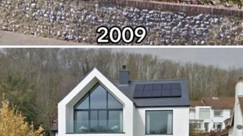 Rumah klasik bergaya Tudor (2009) dirombak menjadi hunian modern dengan kaca besar pada 2026. Kontras gaya ini jadi sorotan warganet. Foto: Boredpanda