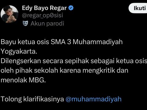Makan Bergizi Gratis Tangkapan layar X memperlihatkan narasi Ketua OSIS SMA Muhammadiyah 3 Jogja ngaku dilengserkan usai mengritik MBG. Foto diunggah Senin (6/4/2026).