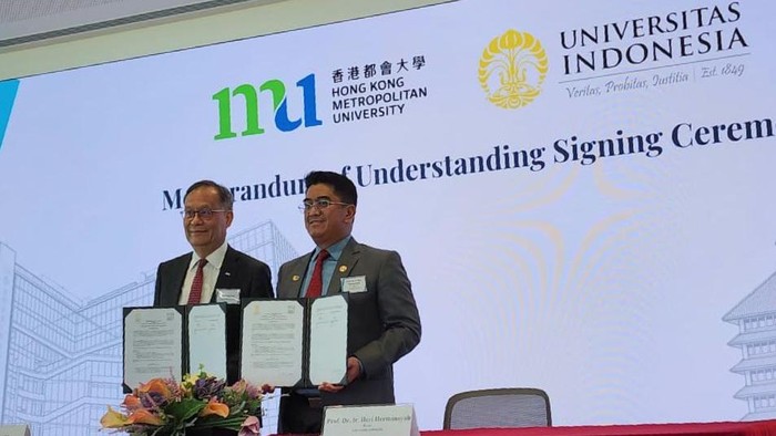 Penandatanganan kerjasama Universitas Indonesia (UI) dengan Hong Kong Metropolitan University (HKMU) dalam dalam internasionalisasi pendidikan di MU Tower, Jockey Club Institute of Healthcare, serta Main Campus HKMU.