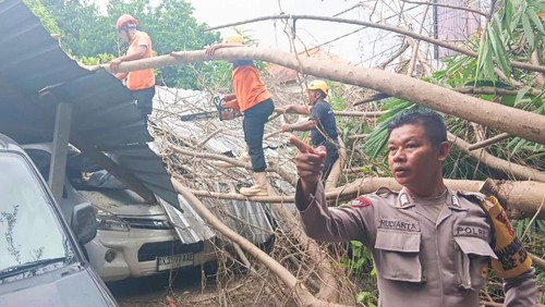 Personel BPBD melakukan penanganan pohon tumbang yang menimpa garasi mobil di Kelurahan Subagan, Karangasem, Senin (6/4/2026) (foto: Dok. BPBD Karangasem)