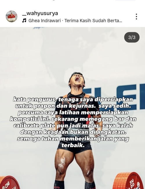 Atlet Buleleng Gede Wahyu Surya menyampaikan kekecewaannya Gagal Tampil di Kejuaran Dunia Angkat Berat di Lithuania di media sosial instagram. (Instagram I Gede Wahyu Surya)