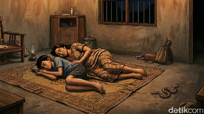 Ilustrasi ibu dan anak tidur di tikar dan diintai ular.
