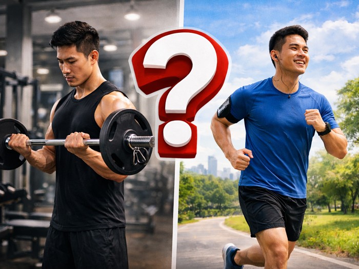 Ilustrasi latihan angkat beban dan lari. (Foto: Ai ChatGPT)