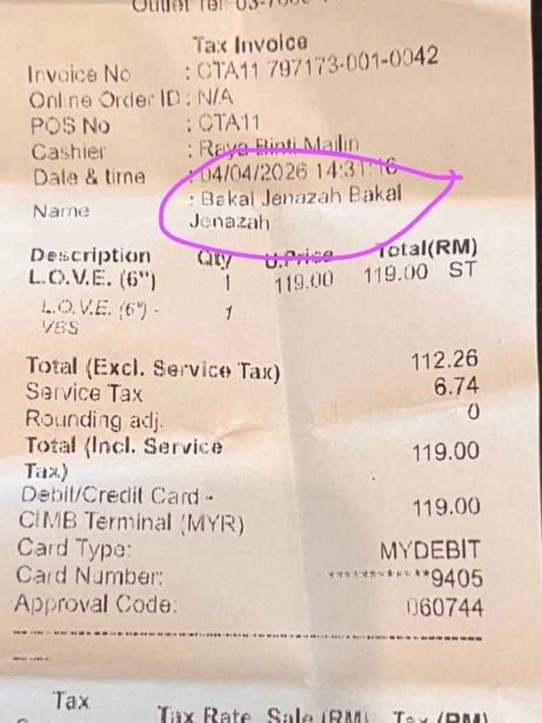 Struk Kue Tertulis Nama 'Calon Jenazah' Struk Kue Tertulis Nama 'Calon Jenazah'